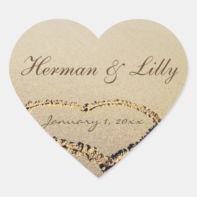 Names In The Sand Personalised Wedding Heart Sticker (Front)