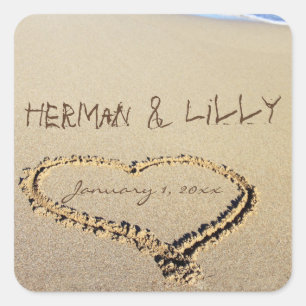 Names In The Sand Personalised Wedding Square Sticker