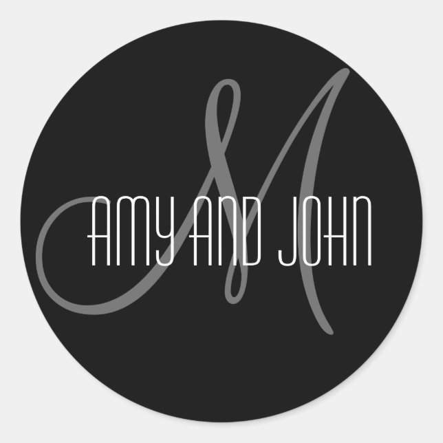 Names & Initial Monogram Wedding Sticker Black (Front)
