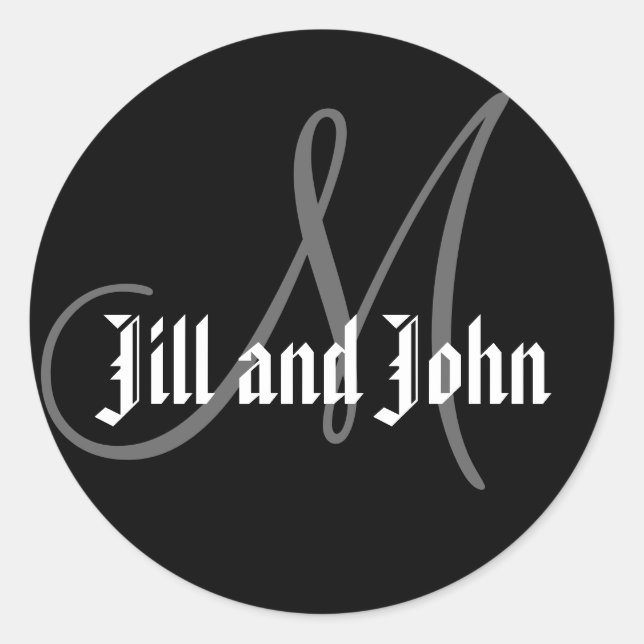 Names & Initial Monogram Wedding Sticker Black (Front)