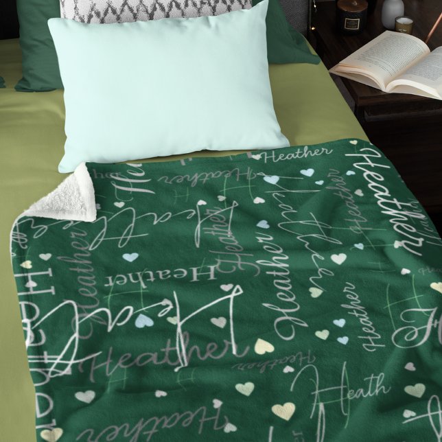 Names Initials and Hearts replicated along green Fleece Blanket (Creator Uploaded)