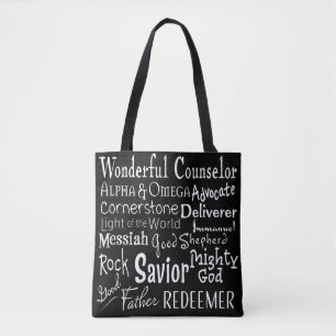 Names of God from the Bible in Black and White Tote Bag