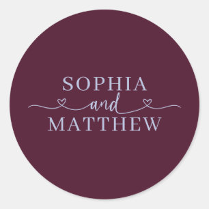 Names Script Heart Wedding Burgundy Periwinkle Classic Round Sticker