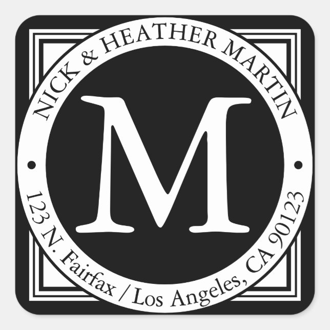 Names, Surname Initial & Return Address | b&w Square Sticker (Front)