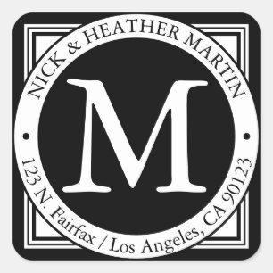 Names, Surname Initial & Return Address b&w Square Sticker