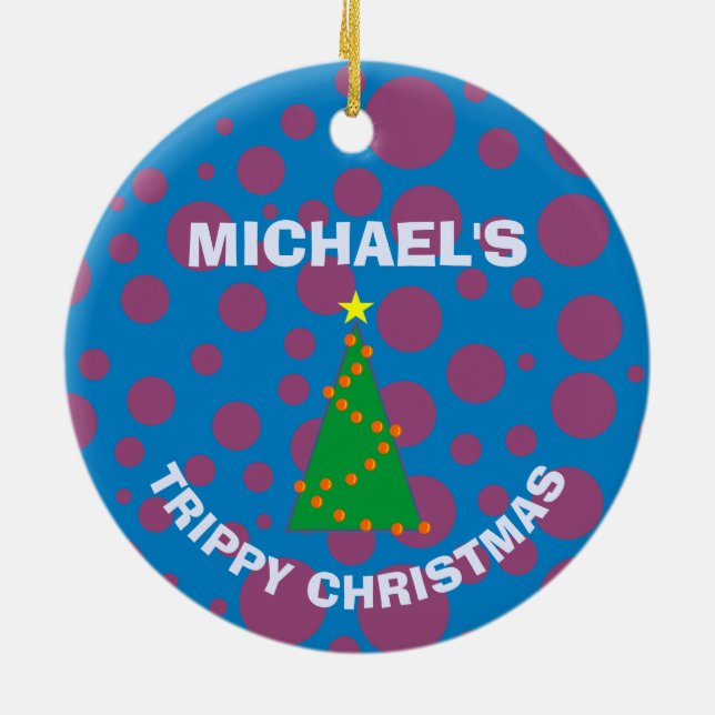 Name's Trippy Christmas Blue Purple Polka Dots Ceramic Tree Decoration (Back)