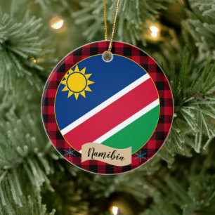 Namibia, Red buffalo plaid & Namibian Flag Ceramic Tree Decoration