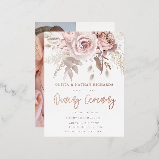 Naming Ceremony Dusty Rose Floral Rose Gold Foil Invitation Postcard (Front/Back)