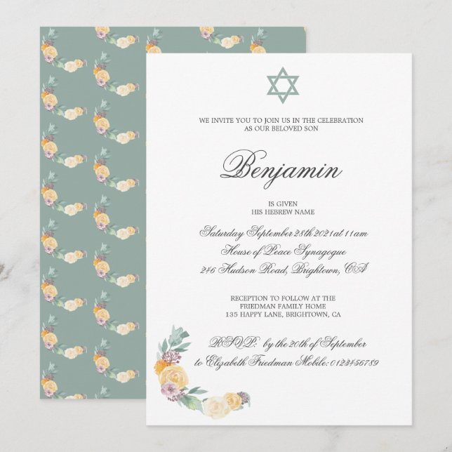 Naming Ceremony Hebrew Baby Boy Invitation (Front/Back)