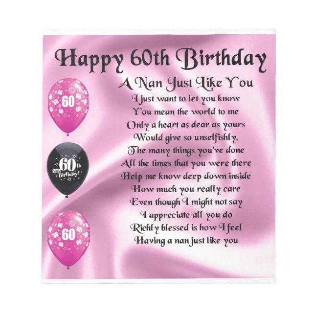 Nan Poem  -  60th Birthday Notepad (Front)