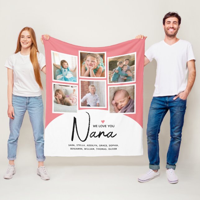 Nana 6 Photo Collage Modern Script Pink Fleece Blanket (In Situ)