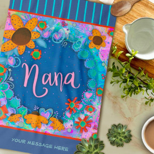 Nana Blue Pretty Floral Stripes Fun Personalised Tea Towel
