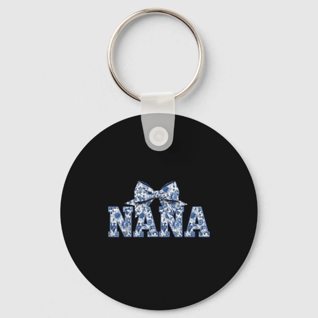 Nana- Blue White Chinoiserie Floral - Grandma  Key Ring (Front)