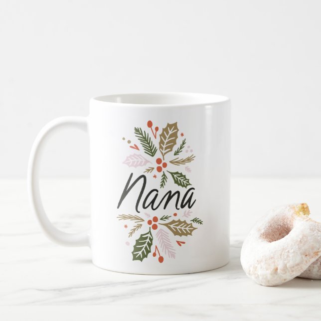 Nana Bright Holly Christmas Black Script Coffee Mug (With Donut)