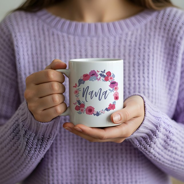 Nana Brush Script Floral Butterfly Pink Wreath Coffee Mug (Nana Brush Script Floral Butterfly Pink Wreath Coffee Mug)