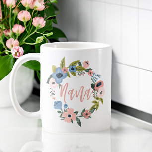 Nana Brush Script Typographic Floral Wreath Coffee Mug