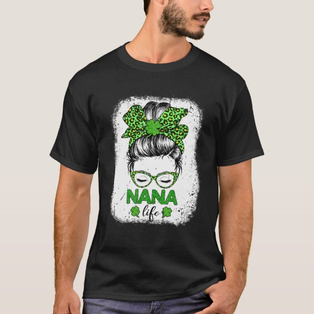 Nana Clover Messy Bun Leopard Funny St Patrick's D T-Shirt (Front)