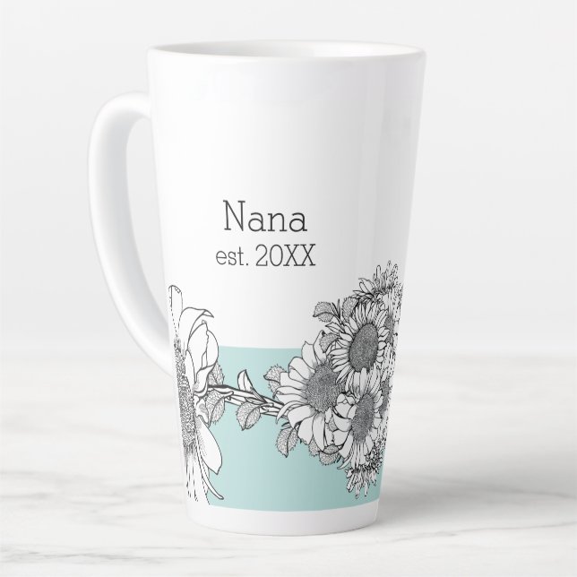 Nana Est. Year Hand-Drawn Sunflower Turquoise Latte Mug (Left Angle)