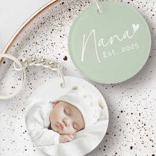 Nana Est year handwritten script green heart photo Key Ring