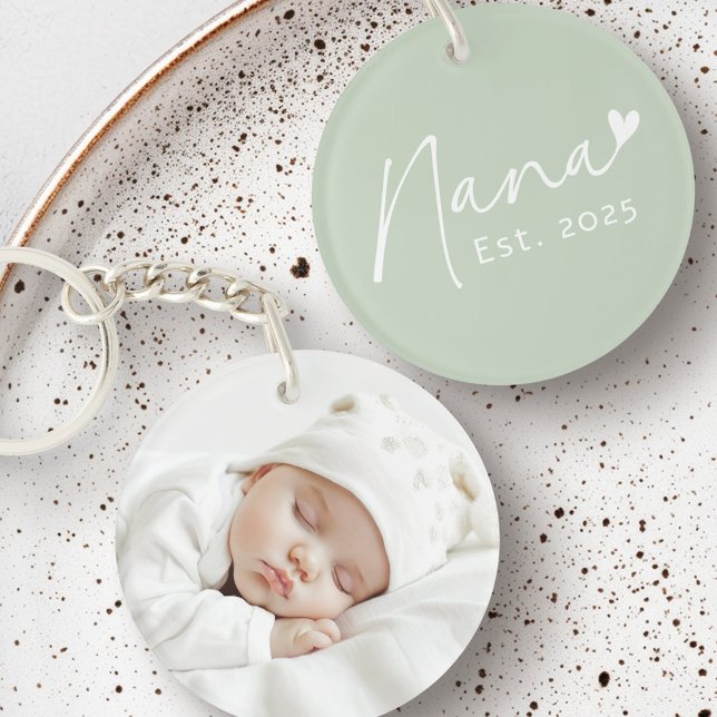 Nana Est year handwritten script green heart photo Key Ring (Nana Est year handwritten script green heart photo Keychain)