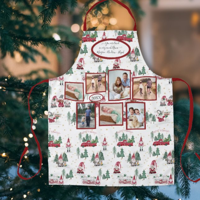 Nana Family Photo Christmas Gnome Forest Gold Star Apron (Creator Uploaded)