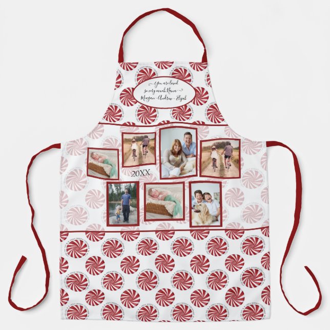 Nana Family Photo Peppermint Red Merry Christmas Apron (Front)