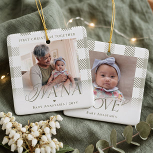 Nana First Christmas Grandchild Photo Green Plaid Ceramic Ornament