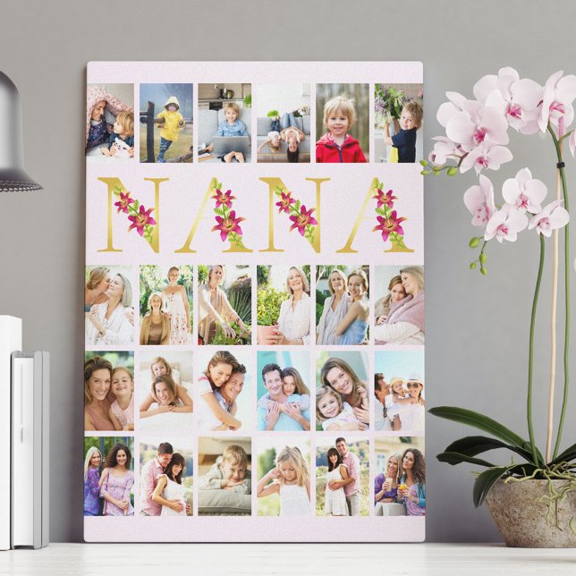 Nana Floral Gold Letters 24 Vertical Photo Collage Canvas Print (Creator Uploaded)