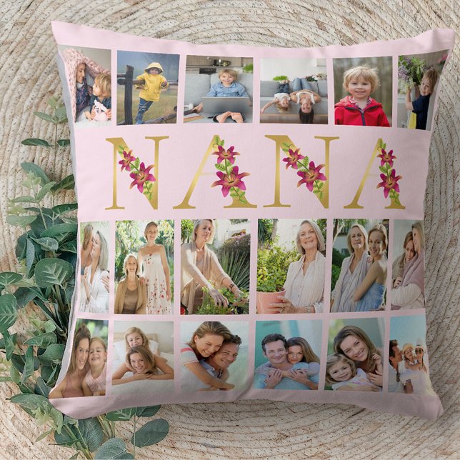 Nana Floral Letters 18 Vertical Photo Collage Pink Cushion (Creator Uploaded)
