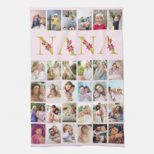 Nana Floral Letters 30 Vertical Photo Collage Pink Tea Towel