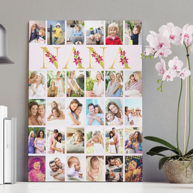 Nana Gold Letters 30 Vertical Photo Collage Pink Canvas Print (Creator Uploaded)