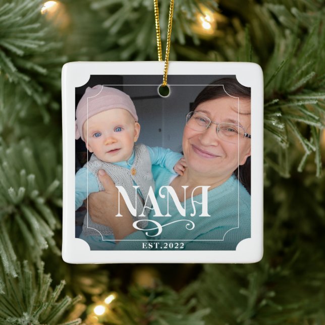Nana Grandpa Year Established 2 Photo Christmas  Ceramic Ornament (Tree)
