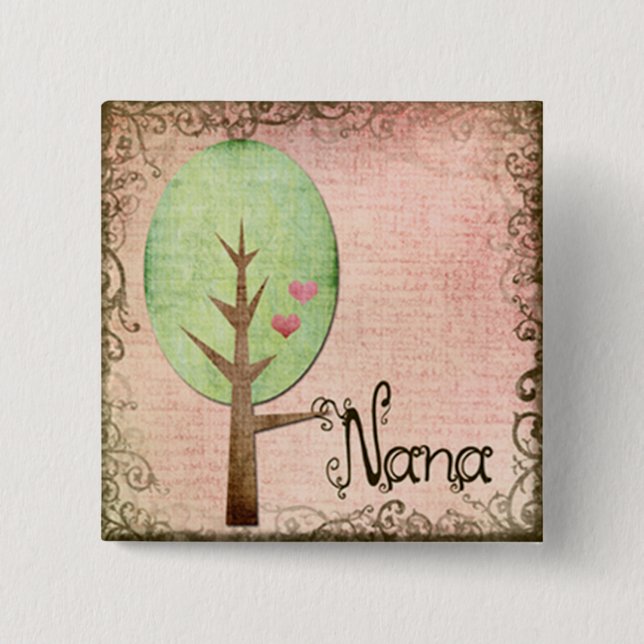 nana heart tree pink 15 cm square badge (Front)