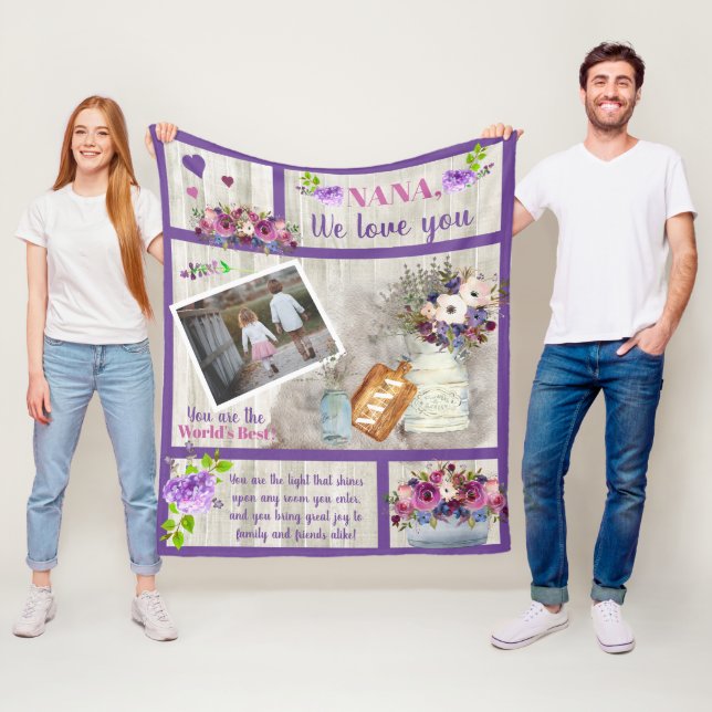 Nana I Love You Photo Floral | Wood Script Text Fleece Blanket (In Situ)