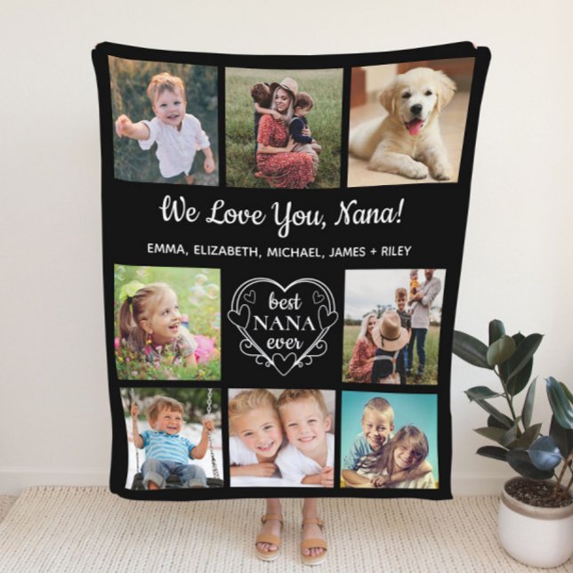 Nana Love You 8 Photo Collage Black Fleece Blanket (Creator Uploaded)