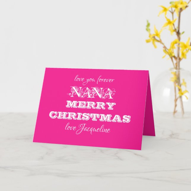 Nana Merry Christmas Personalised Name Cute Pink Card (Yellow Flower)