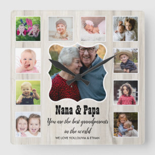 Nana Papa Best Grandparents 11 Photo Collage Wood Square Wall Clock
