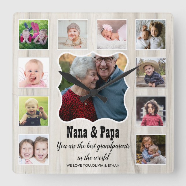 Nana Papa Best Grandparents 11 Photo Collage Wood Square Wall Clock (Front)