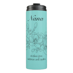 Nana Personalised Grandkids Names Aqua Floral  Thermal Tumbler
