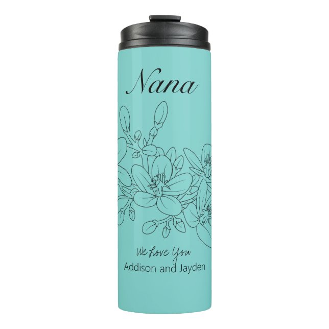 Nana Personalised Grandkids Names Aqua Floral  Thermal Tumbler (Front)