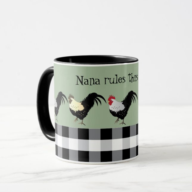 Nana Rule's the Roost Rooster Black White Name Mug (Front Left)