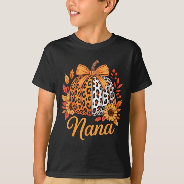 Nana Thanksgiving Leopard Pumpkin Sunflower Coquet T-Shirt (Front)
