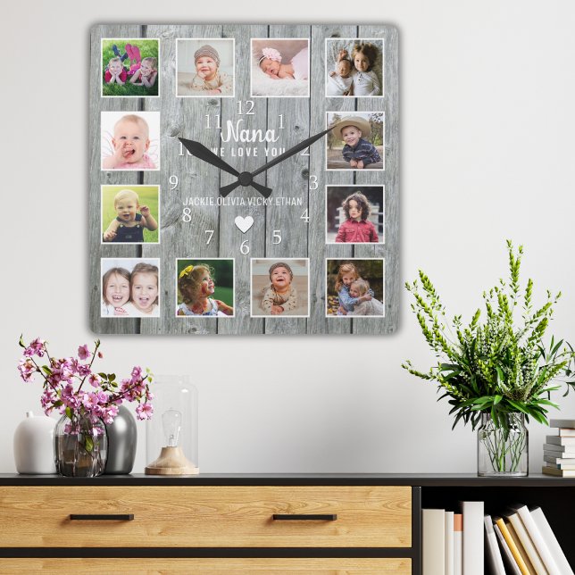 Nana We Love You 12 Photo Collage Grey Wood   Square Wall Clock (Creator Uploaded)