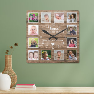 Nana We Love You 12 Photo Collage Rustic Wood Square Wall Clock