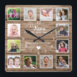 Nana We Love You 12 Photo Collage Rustic Wood Square Wall Clock<br><div class="desc">Rustic wood photo collage clock personalized with 12 pictures , grandchildren names and 'Nana We love you ' typography.</div>