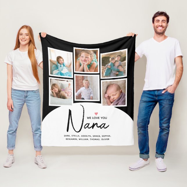 Nana We Love You 6 Photos Modern Black Fleece Blanket (In Situ)