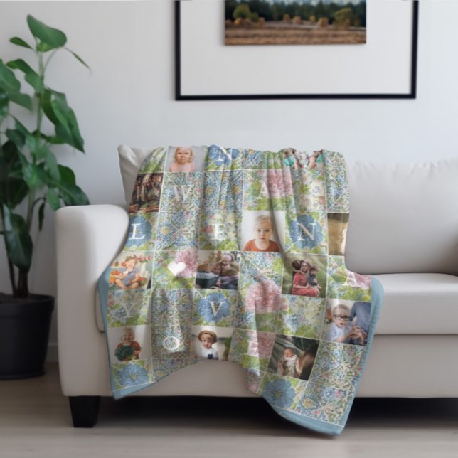 Nana We Love You | Floral Patchwork Quilt 14 Photo Fleece Blanket (Creator Uploaded)