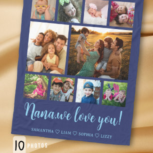 Nana We Love You Grandkids 10 Photo Collage Blue Fleece Blanket