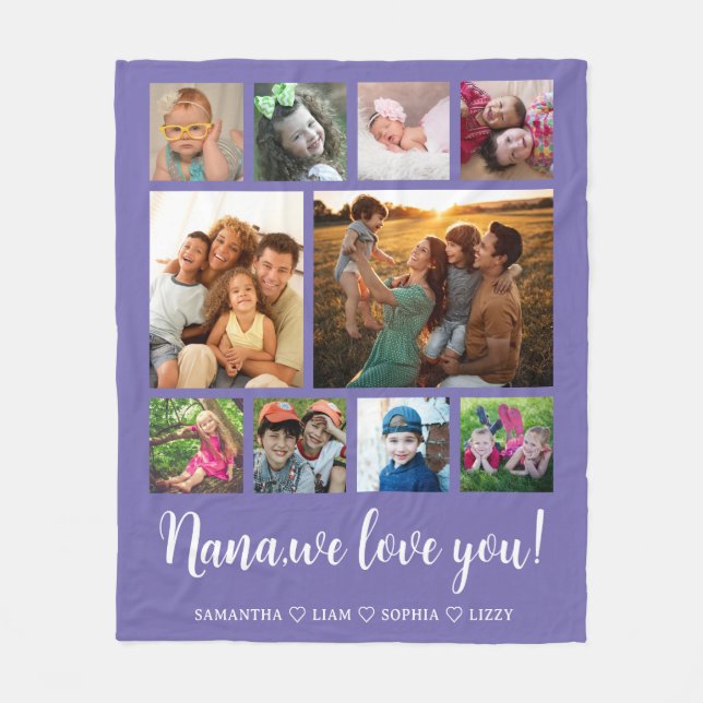 Nana We Love You Grandkids 10 Photo Collage Purple Fleece Blanket (Front)