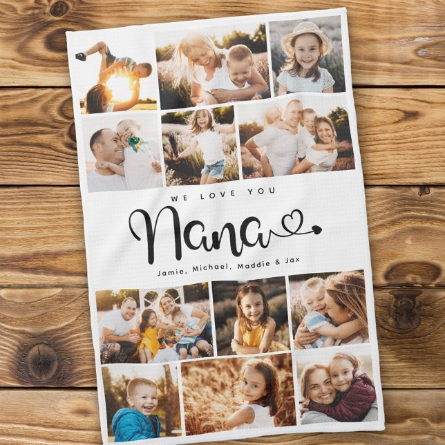Nana We Love you Hearts Modern Photo Collage Tea Towel (Creator Uploaded)